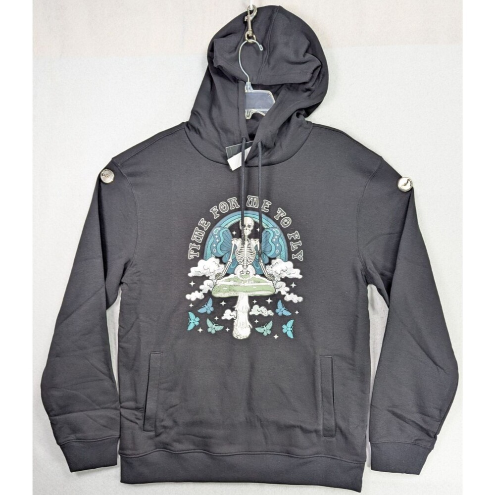 Airwalk Time For Me To Fly Graphic Hoodie Men Black Skeleton Mushroom Skater XL